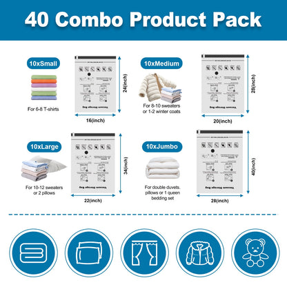 Cubepoint 40 Pack Vacuum Storage Bags, 10 Jumbo/10 Large/10 Medium/10 Small Vacuum Seal Bags for Clothes, Space Saver Bags